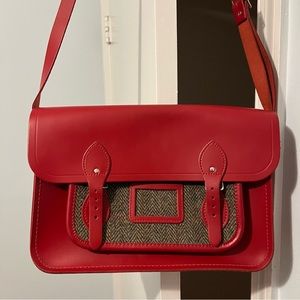 Cambridge Satchel Company Red Leather and Tweed 14 in. Bag